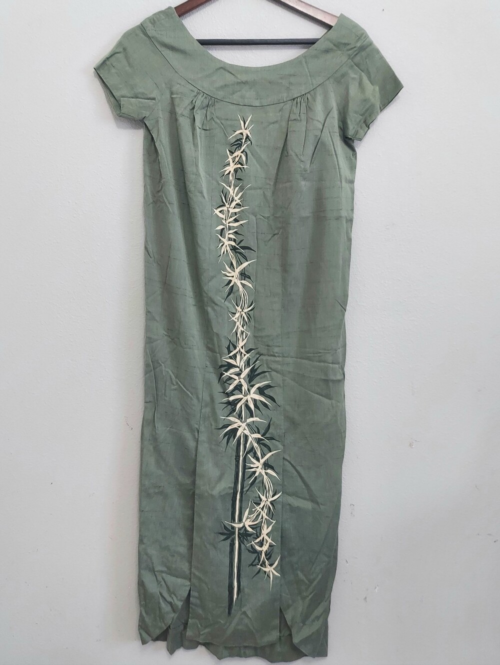 Vintage Liberty House By Kiyomi Olive Green Muumuu Dress Bamboo Art Hawaiian 8